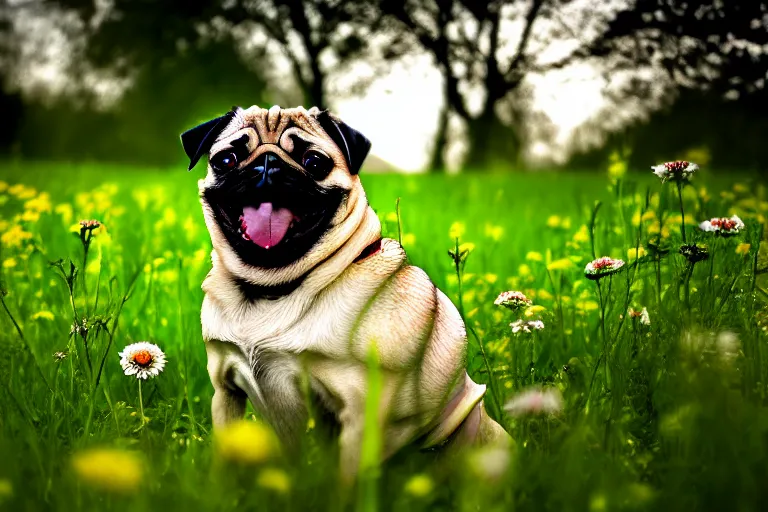 Image similar to a happy pug, single subject, peaceful flower meadow with some trees in the background, scenic full shot, ambient lighting, detailed face, by hr giger