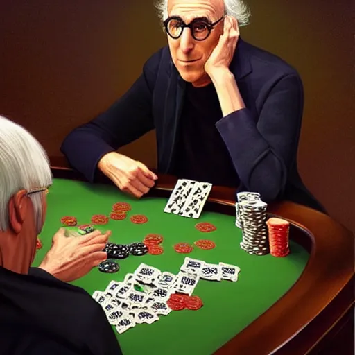 Image similar to larry david playing poker while wearing a batman costume and tripping on lsd, money, poker, cards, larry david, curb, elegant, intricate, digital painting, artstation, concept art, smooth, sharp focus, illustration, art by artgerm and greg rutkowski and alphonse mucha