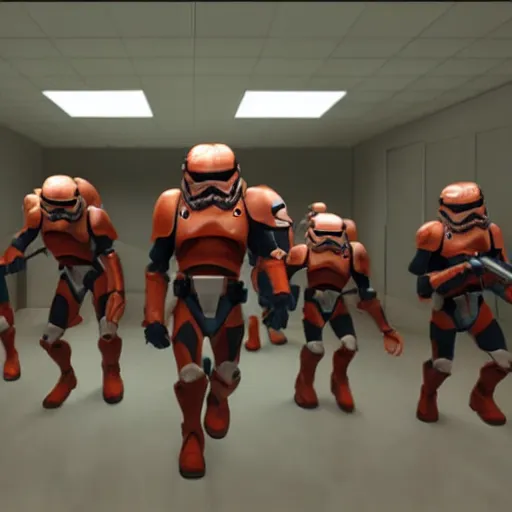 Prompt: doom's unit clone troopers, hiding in a office