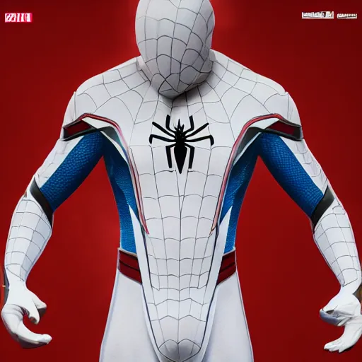 Image similar to white spider - man suit with black web lining, cinematic, volumetric lighting, realistic, hyperdetailed, photorealistic, photograph