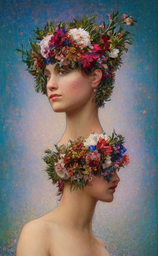 Image similar to a oil painting hyperrealism of a beautiful woman on a white background, flowers, painted by mucha, floral headdress, 8 k resolution, octane render, trending on artstation, volumetric light 2 blue fractal thunder glow by dan mumford, anaglyph effect, laurie lipton