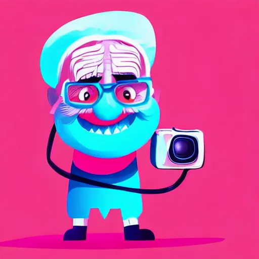 Image similar to curled perspective digital art of a cute smiling grandpa cartoon character with a photo camera by anton fadeev