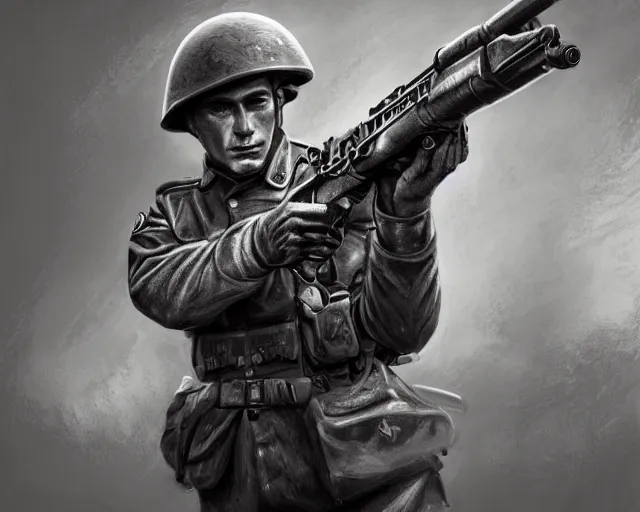 Image similar to A soldier aiming a gun, indifferent face, world war 1, close-up, realistic face, beautiful face detail, mature facial features, black and white, amazing digital art, hyper detailed, artstation, in the style of Tony Sart