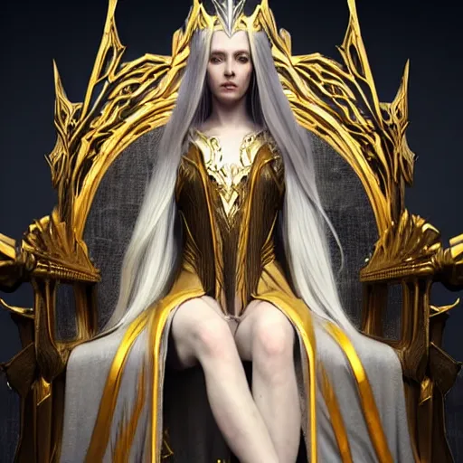 Image similar to tall elven queen sitting on the throne, long white hair, pale skin, golden coloured eyes, stunning 3 d render inspired art by greg rutkowski and xiang duan and thomas eakes, realistic, highly detailed attributes and atmosphere, dim volumetric cinematic lighting, 8 k octane detailed render, post - processing, masterpiece,