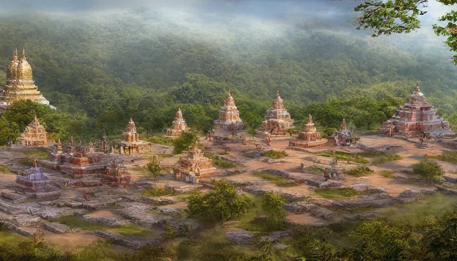 Prompt: matte painting of a beautiful dvaravati village and buddhit temple, digital art, trending on artstation