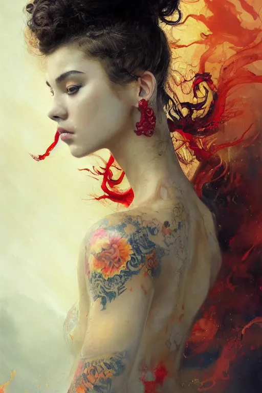 Prompt: an epic painting of a 1 9 years old girl figure, curly messy high bun hairstyle, oriental tattoos, subject wearing a gold and ruby high fashion gown, flowing, ornate, beautiful, dramatic earth colors, with few fire red highlights, by jeremy mann and greg rutkowski, trending on artstation, oil on canvas