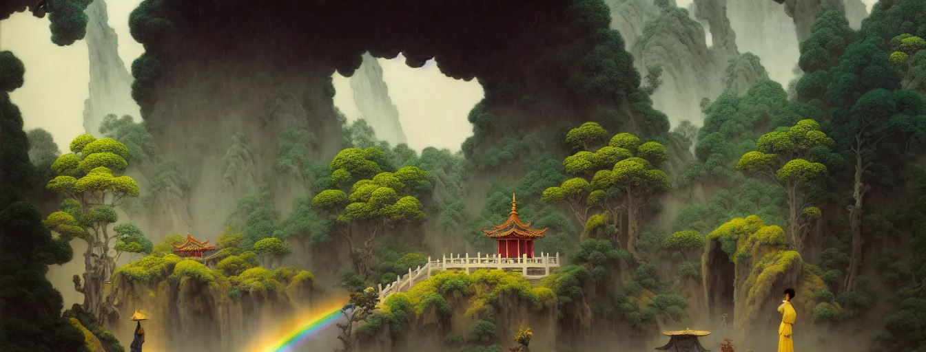 Image similar to a gorgeous landscape painting by barlowe wayne, maxfield parrish and marco mazzoni. chinese temple. rainbow, rainy mood!! sunny morning. a lonely chinese wuxia walks on the winding stone steps, stone gate to the dark cave, 3 d, octane render, turbulent lake, waterfall, fog, 8 k.