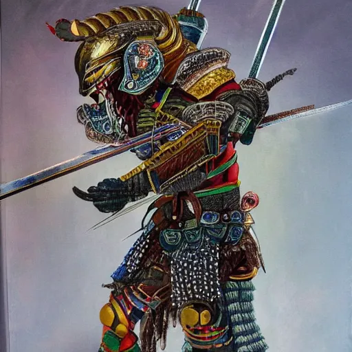 Prompt: detailed painting of a god killer warrior with chrome armor and a crossbow detail intricate exquisite colorful