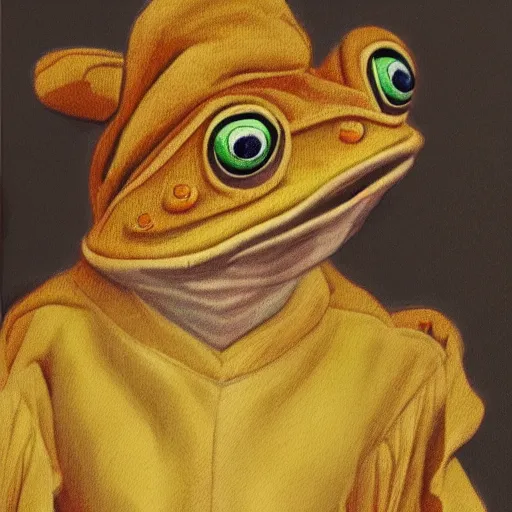 Image similar to a cartoon drawing of a frog wearing cristian clothes, portrait, oil paint, renaissance, 4 k