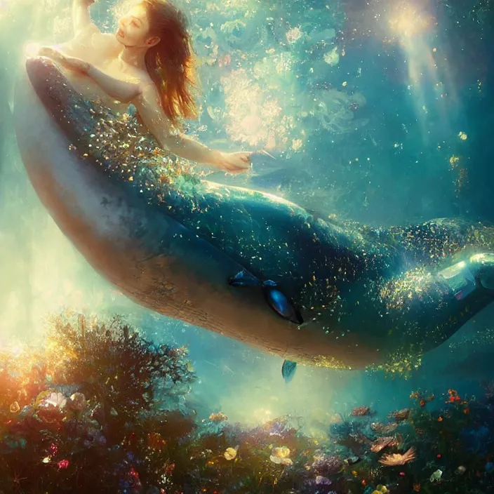 Image similar to glimmering whale, flowing dress, flowers, cosmos, milky way galaxy, golden hour, god rays, coral reef, dreamscape by artgerm and ruan jia and ismail inceoglu and greg olsen, masterpiece, beautiful, intricate, elegant, highly detailed