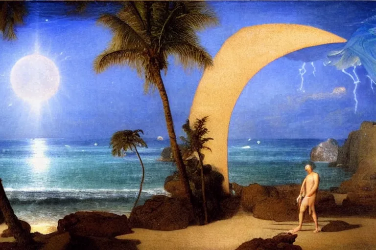 Image similar to The beach arch, refracted moon on the ocean, thunderstorm, greek pool, beach and Tropical vegetation on the background major arcana sky and occult symbols, by paul delaroche, hyperrealistic 4k uhd, award-winning, very detailed paradise