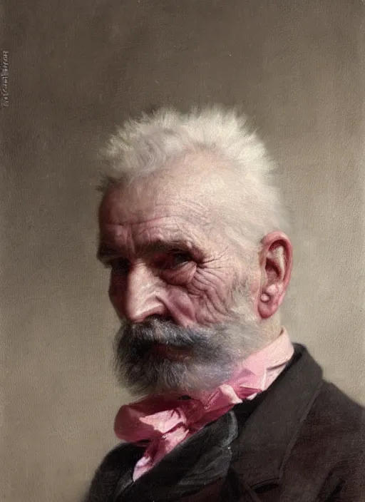 Image similar to a detailed portrait of old man with a long pink mohawk by edouard bisson, punk rock, oil painting, muted colours, soft lighting