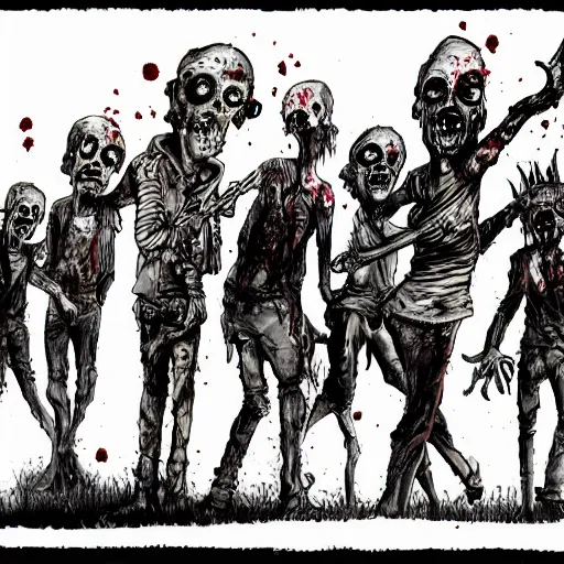 Image similar to zombie horde in an open farm field, drawn by ben templesmith