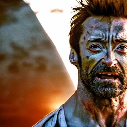 Prompt: a head and shoulders photograph of Hugh Jackman as a Zombie Wolverine Butcher, golden hour