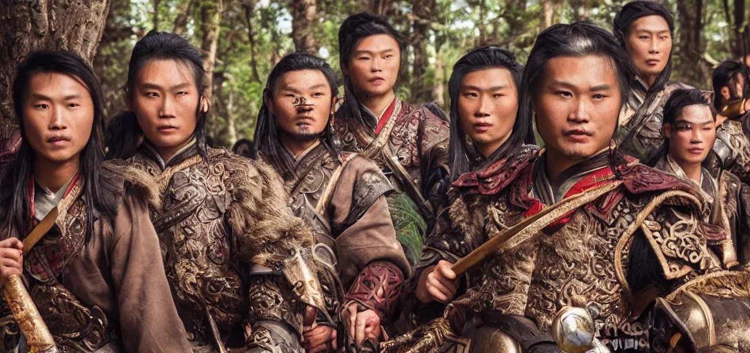 Prompt: matte close - up portrait of smart and handsome lan chang warriors who assemble in the forest backlighting in crowd of battlefield, ethnic costume, traditional decoration, elegant, loin cloth, highly detailed, 8 k, cinematic lighting, global illumination, ornate, super detailed, faded color polaroid, a colorized photo, colorized, # film, movie still