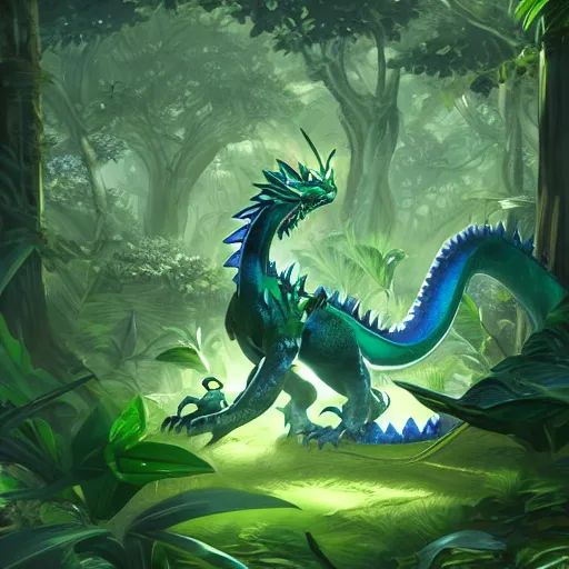 Prompt: An elegant green, blue dragon, sitting on a clearing in a flowery jungle, detailed, mtg, digital illustration, trending on artstation