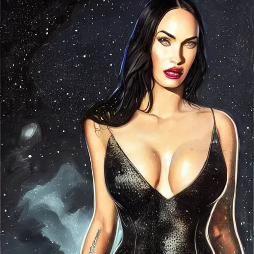 Prompt: portrait of megan fox wearing a tight black latex dress with galaxy lights and stars, sultry muscular body, fantasy, intricate, elegant, highly detailed, digital painting, artstation, concept art, matte, sharp focus, perfect face symmetry, illustration, art by aenaluck and roberto ferri and greg rutkowski, epic fantasy, digital painting