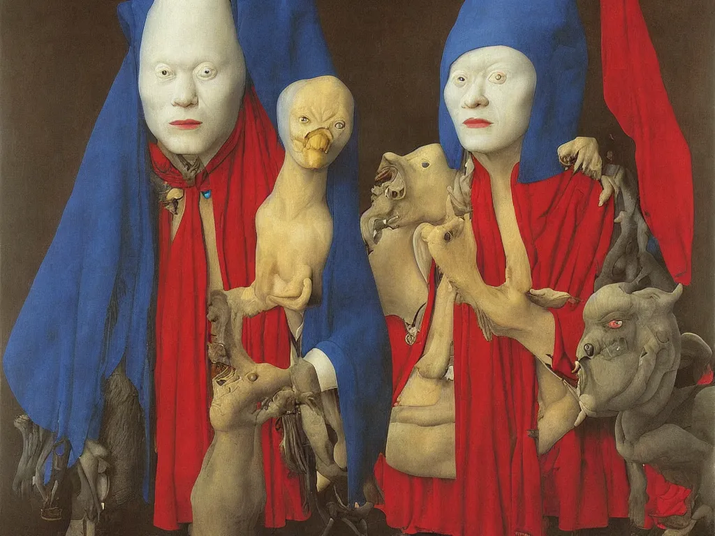 Image similar to portrait of albino mystic with blue eyes, with beautiful exotic, archaic, prehistoric, Burmese mask. Painting by Jan van Eyck, Audubon, Rene Magritte, Agnes Pelton, Max Ernst, Walton Ford