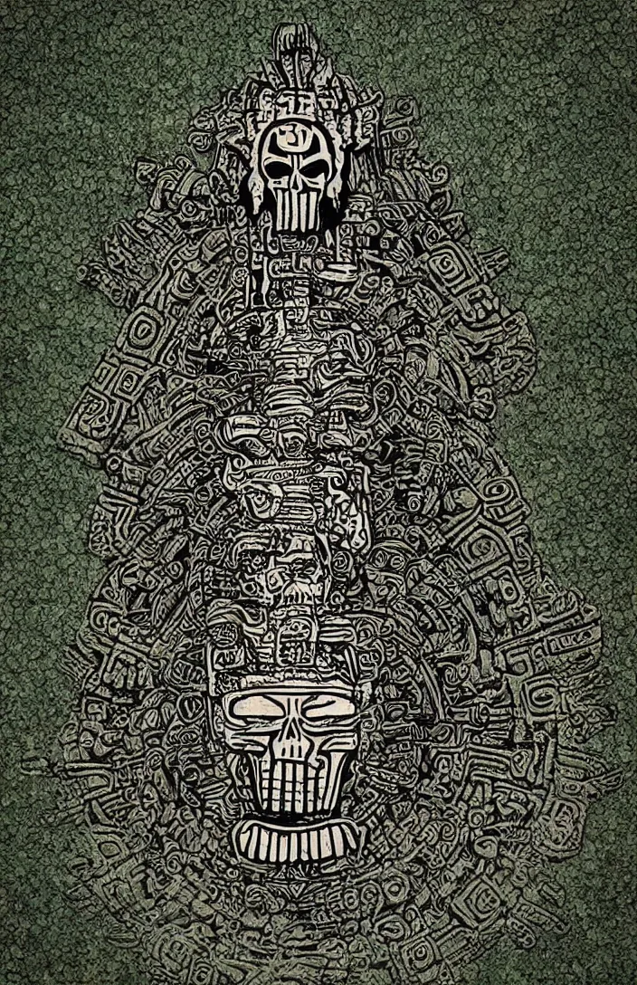 Prompt: mayan temple in form of punisher emblem. background jungle