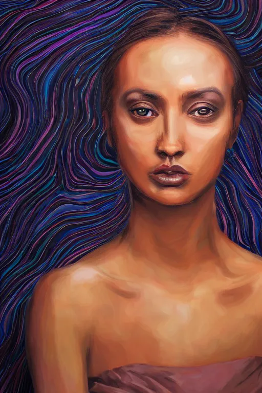 Image similar to oil portrait of a dark woman over reaction diffusion background wallpaper, high detail