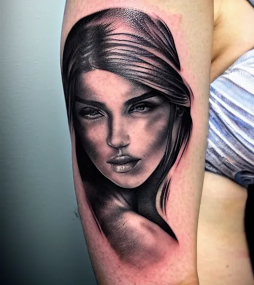 Image similar to tattoo design sketch of an extremely beautiful woman face with a stunning mountain view faded background on her side, hyper - realistic, double exposure, in the style of matteo pasqualin, amazing detail, black and white, faded