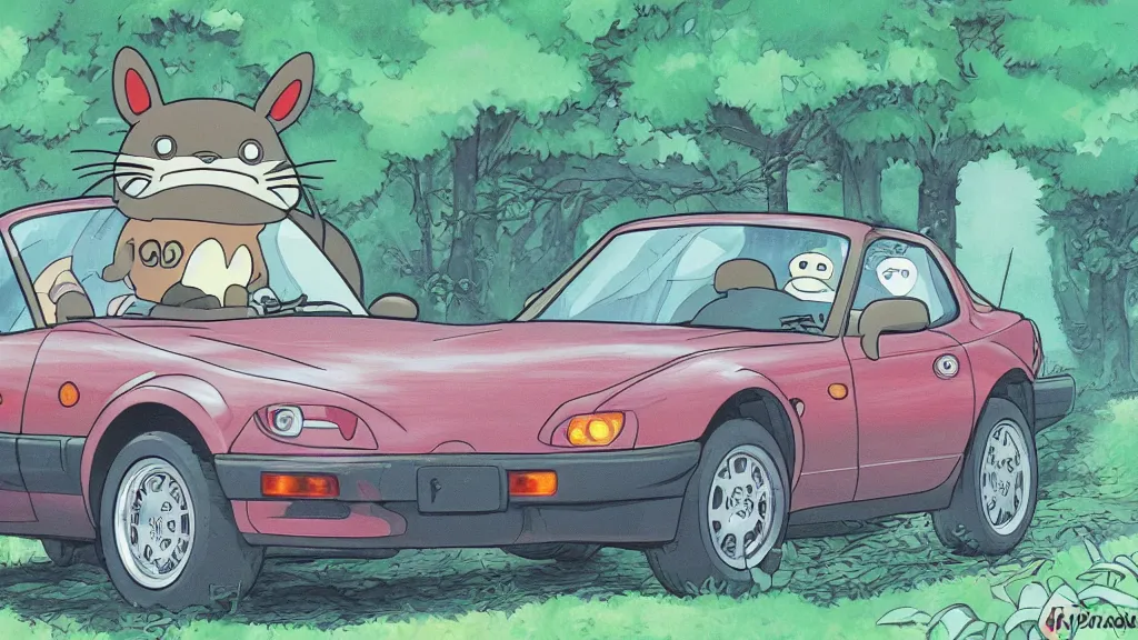 Prompt: 1 9 9 0 mazda miata in the style of my neighbor totoro, anime, detailed lines