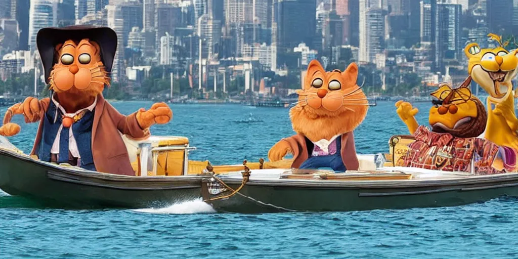 Image similar to garfield on a boat with snoop dogg