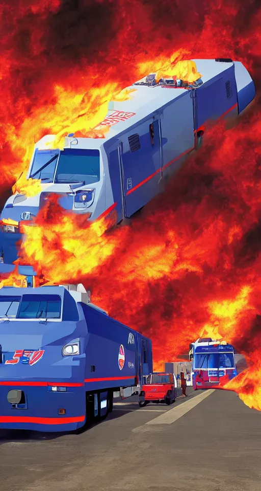 Prompt: high quality anime-style image of a USPS LLV on fire, 4k, digital art, wallpaper