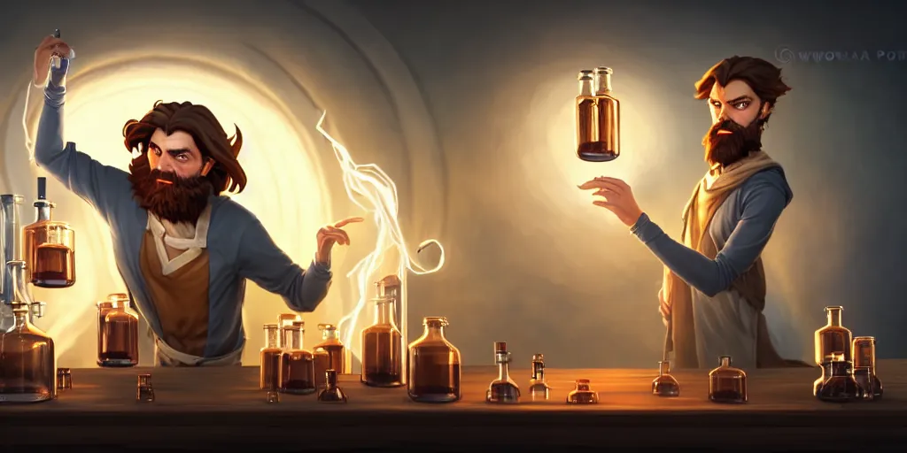 Image similar to a handsome bearded caucasian male sorcerer with brown hair he is casting a spell with flowing energy, he is in a alchemist lab filled with beakers and equipment, neutral pose, sharp focus, waist up, epic composition, 4 k, by rudy siswanto and anna podedworna