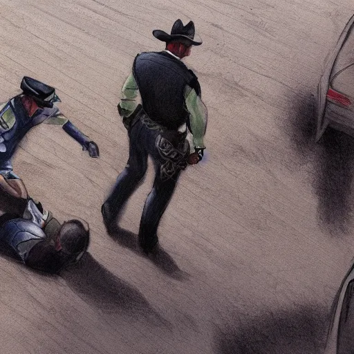 Image similar to A police officer arresting a cowboy, trending on art station