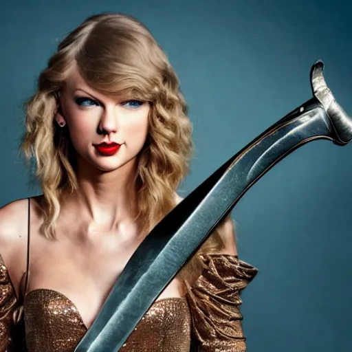 Image similar to taylor swift posing holding a giant sword, high quality studio photograph