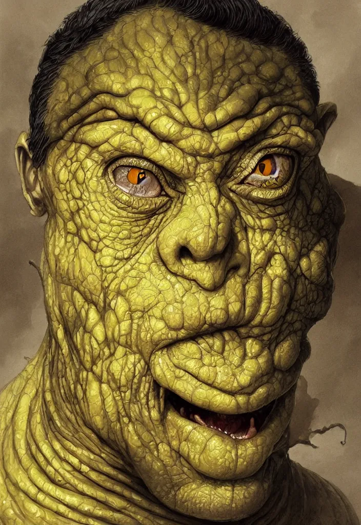 Image similar to rowan atkinson with giant bulging reptile eyes, yellow skin. intricate, elegant, highly detailed, centered, digital painting, artstation, concept art, smooth, sharp focus, illustration, artgerm, tomasz alen kopera, peter mohrbacher, donato giancola, joseph christian leyendecker, wlop, frank frazetta