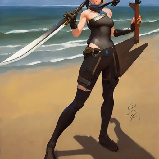 Prompt: greg manchess painting of tracer from overwatch as 2 b nier automata on the beach holding a sword, organic painting, sunny day, matte painting, bold shapes, hard edges, street art, trending on artstation, by huang guangjian and gil elvgren and sachin teng