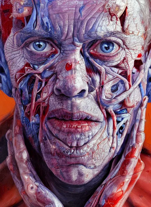 Prompt: highly detailed and textured painting of a deformed anatomical portrait with dead eyes, emotionally expressive, highly detailed oil painting, soft light 4 k, red, blue and purple colour palette, cinematic composition, cinematic lighting, sharp focus, masterpiece by adrian ghenie and jenny saville