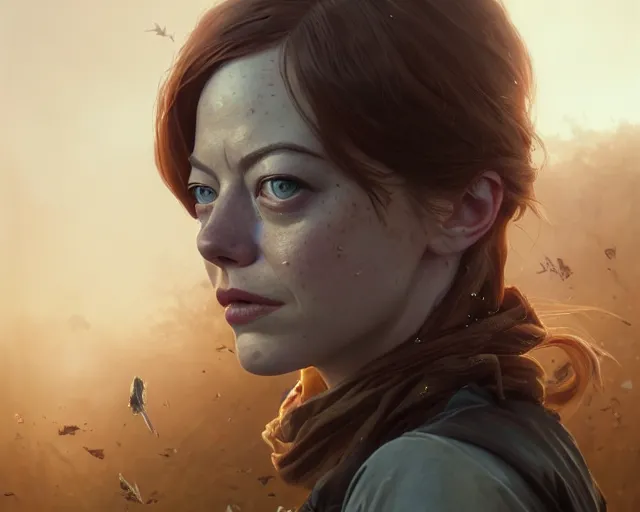 Image similar to highly detailed portrait of emma stone, in the walking dead, stephen bliss, unreal engine, fantasy art by greg rutkowski, loish, rhads, ferdinand knab, makoto shinkai and lois van baarle, ilya kuvshinov, rossdraws, tom bagshaw, global illumination, radiant light, detailed and intricate environment