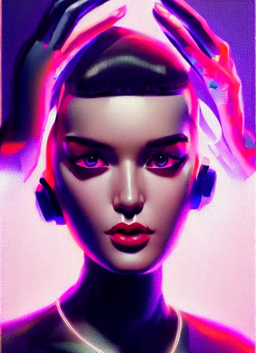 Image similar to photorealistic portrait of female humanoid, cyber neon lights, highly intricate, retro 6 0 s haute couture fashion, elegant, highly detailed, crispy quality, trending on artstation, trending on pinterest, glamor pose, no signature, no watermark, art by artgerm and greg rutkowski