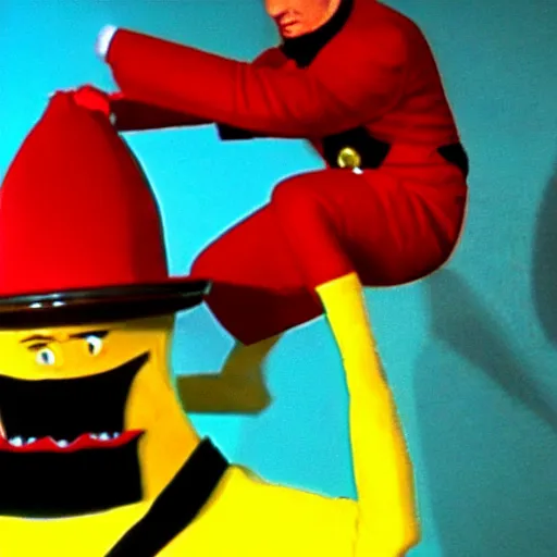 Image similar to anthropomorphic banana monster, Punching Star Trek Officer in Red, still from Star Trek the next generation, hyperrealistic, in the style of saldavor dali