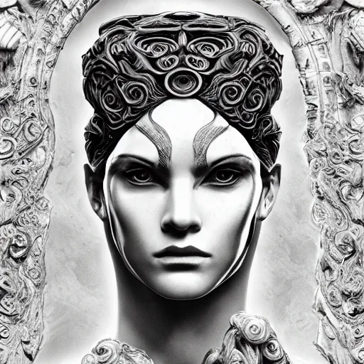 Image similar to medusa, highly detailed, symmetrical long head, smooth marble surfaces, detailed ink illustration, raiden metal gear, cinematic smooth stone, deep aesthetic, concept art, post process, 4k, carved marble texture and silk cloth, latex skin, highly ornate intricate details, in the style of frank miller