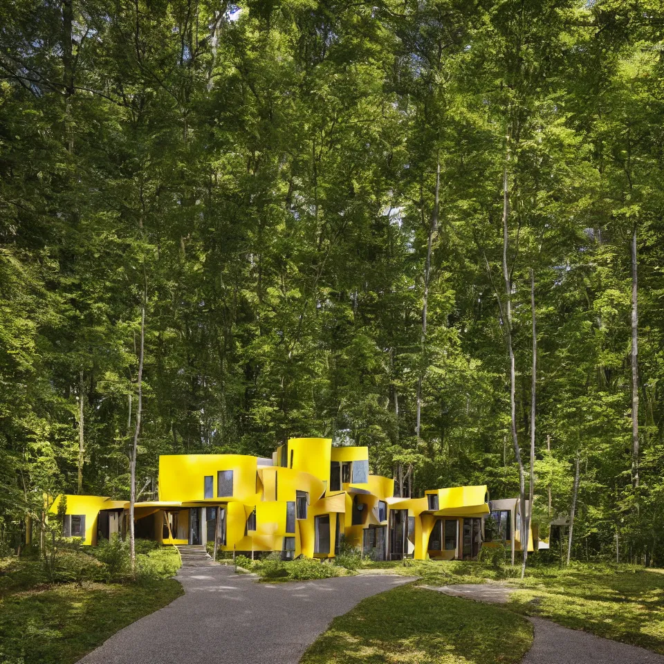 Image similar to a flat house in a light forest clearing, designed by Frank Gehry. Tiles. Gravel pathway with parking. Film grain, cinematic, yellow hue