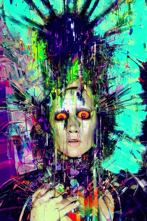 Prompt: portrait, headshot, digital painting, an delightfully mad techno - shaman lady, wink, synthwave, glittery reaction diffusion pattern, glitch, fracture, realistic, hyperdetailed, dripping, chiaroscuro, concept art, art by john berkey
