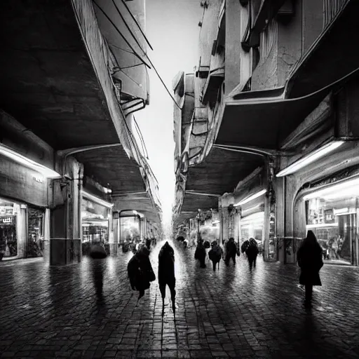 Prompt: Street photo in a crowded future city on Moon, Neo Norilsk, sci-fi, 17mm, intricate, very very beautiful, elegant, highly detailed, smooth, sharp focus, by Evgeny Zubkov, by Marat Zakirov, trending on Artstation, behance