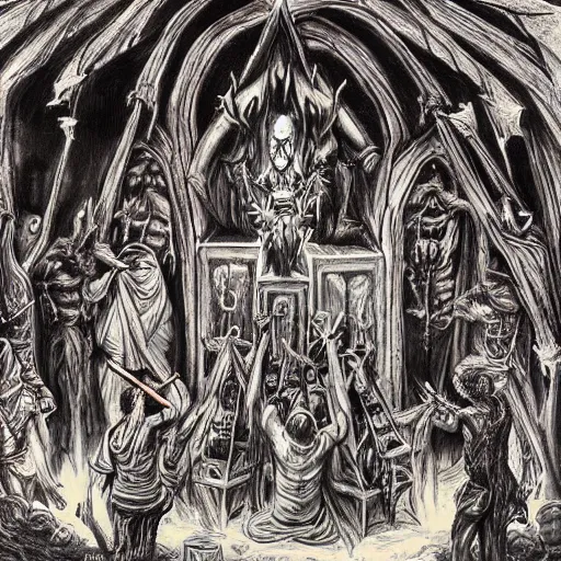 Image similar to painting of evil occult ritual with hooded cult members worship demonic shrine, ultra realistic, concept art, intricate details, eerie highly detailed