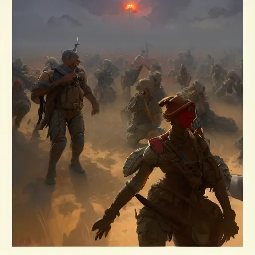 Prompt: standup comedian in brutal battle field, dead laughing bodies on the ground, nuclear cloud in the far horizon, intricate, highly detailed, digital painting, trending on artstation, concept art, smooth, sharp focus, illustration, art by artgerm and greg rutkowski and alphonse mucha