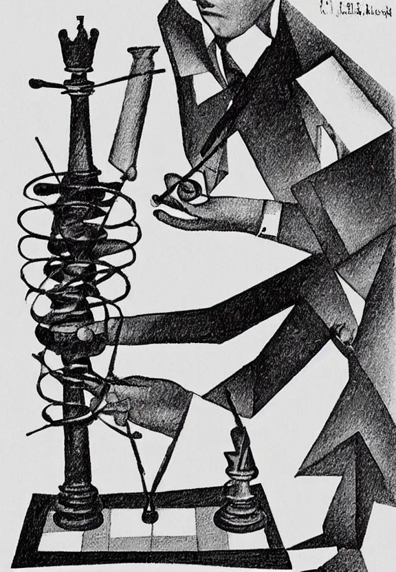 Image similar to a concept drawing of marcel duchamp holding up a chess - piece wire - machine, a surrealist painting by marcel duchamp, complex artificial - intelligence machinery, minimal sketch flow - chart, academic art, 1 9 2 0 s