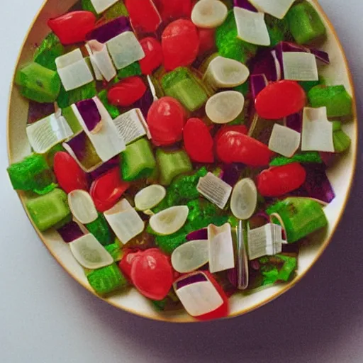 Image similar to photo of a 1970s jellied salad full of tiny humans