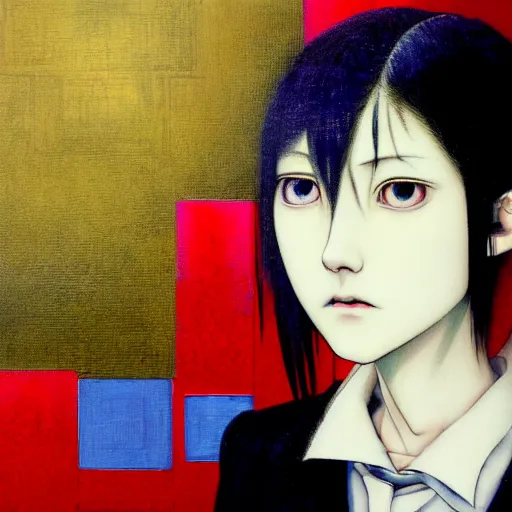 Image similar to yoshitaka amano blurred and dreamy realistic three quarter angle horror portrait of a sinister young woman with short hair, big earrings and black eyes wearing office suit with tie, junji ito abstract patterns in the background, satoshi kon anime, noisy film grain effect, highly detailed, renaissance oil painting, weird portrait angle, blurred lost edges
