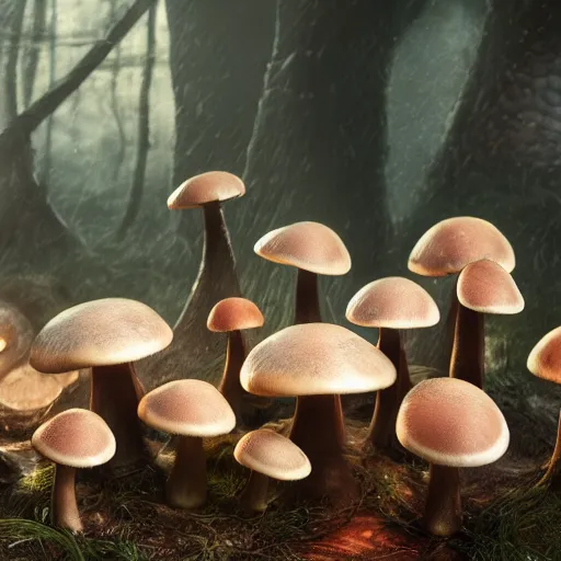 Prompt: pattern of mushrooms, beautiful light, low saturation, fantasy book, d & d, high detail, 8 k, oil painting, octane render, dark fantasy