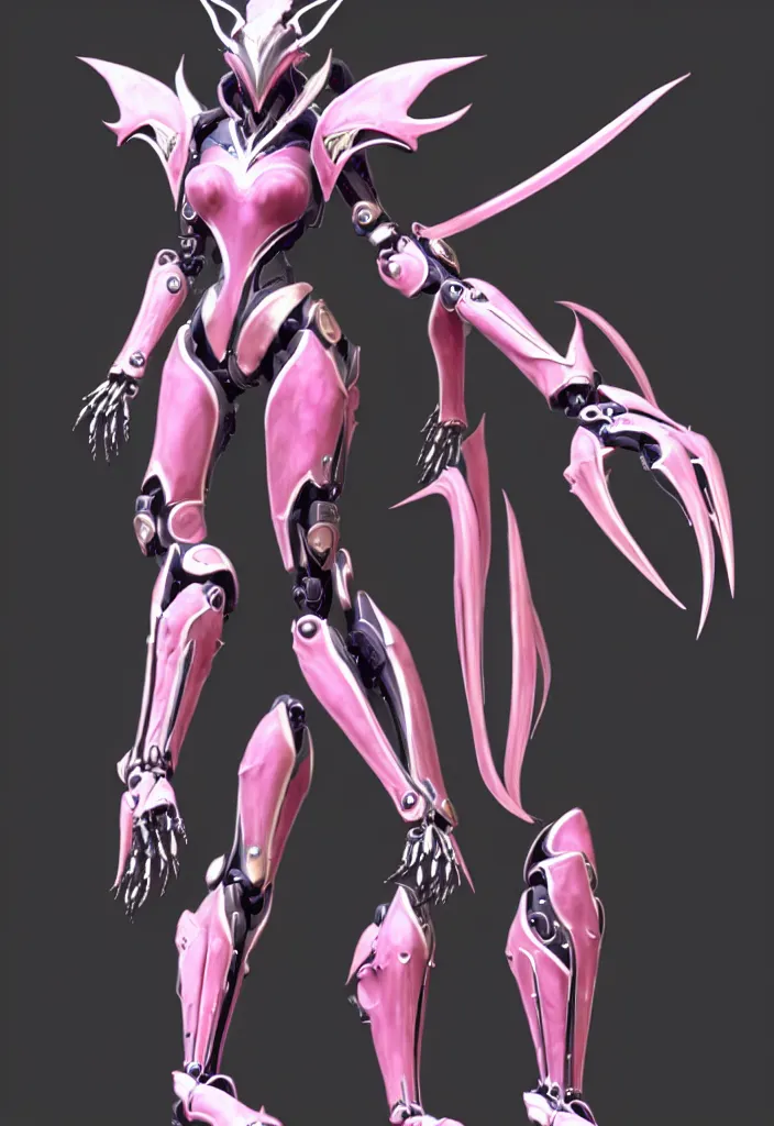 Image similar to exquisite full body shot of a beautiful stunning saryn prime warframe, that's a beautiful stunning anthropomorphic robot female dragon with metal cat ears, cute elegant pose, robot cat paws for feet, thick warframe legs, detailed arms, sharp claws, slick pink armor, streamlined white armor, long elegant tail, two arms, two legs, long tail, detailed warframe fanart, destiny fanart, macro art, dragon art, furry art, realistic digital art, warframe art, Destiny art, furaffinity, DeviantArt, artstation, 3D realistic, 8k HD, octane render