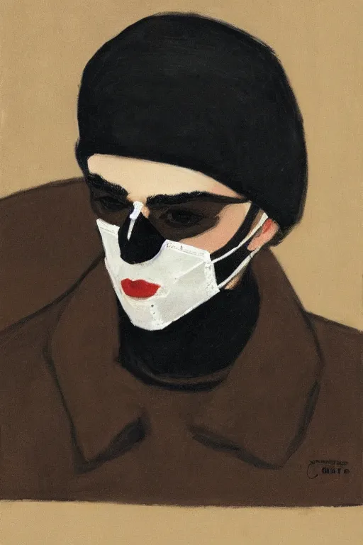 Prompt: portrait of young man wearing black medical mask, style of coby whitmore