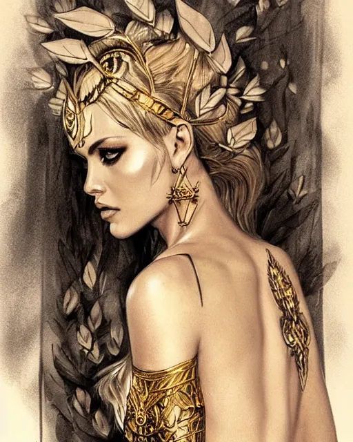 Image similar to tattoo design sketch of hot blonde super model as aphrodite greek goddess wearing a gold laurel wreath and triangle earrings, beautiful piercing gaze with sharp pupils, in the style of greg rutkowski, fantasy, amazing detail, epic, elegant, smooth, sharp focus, front view